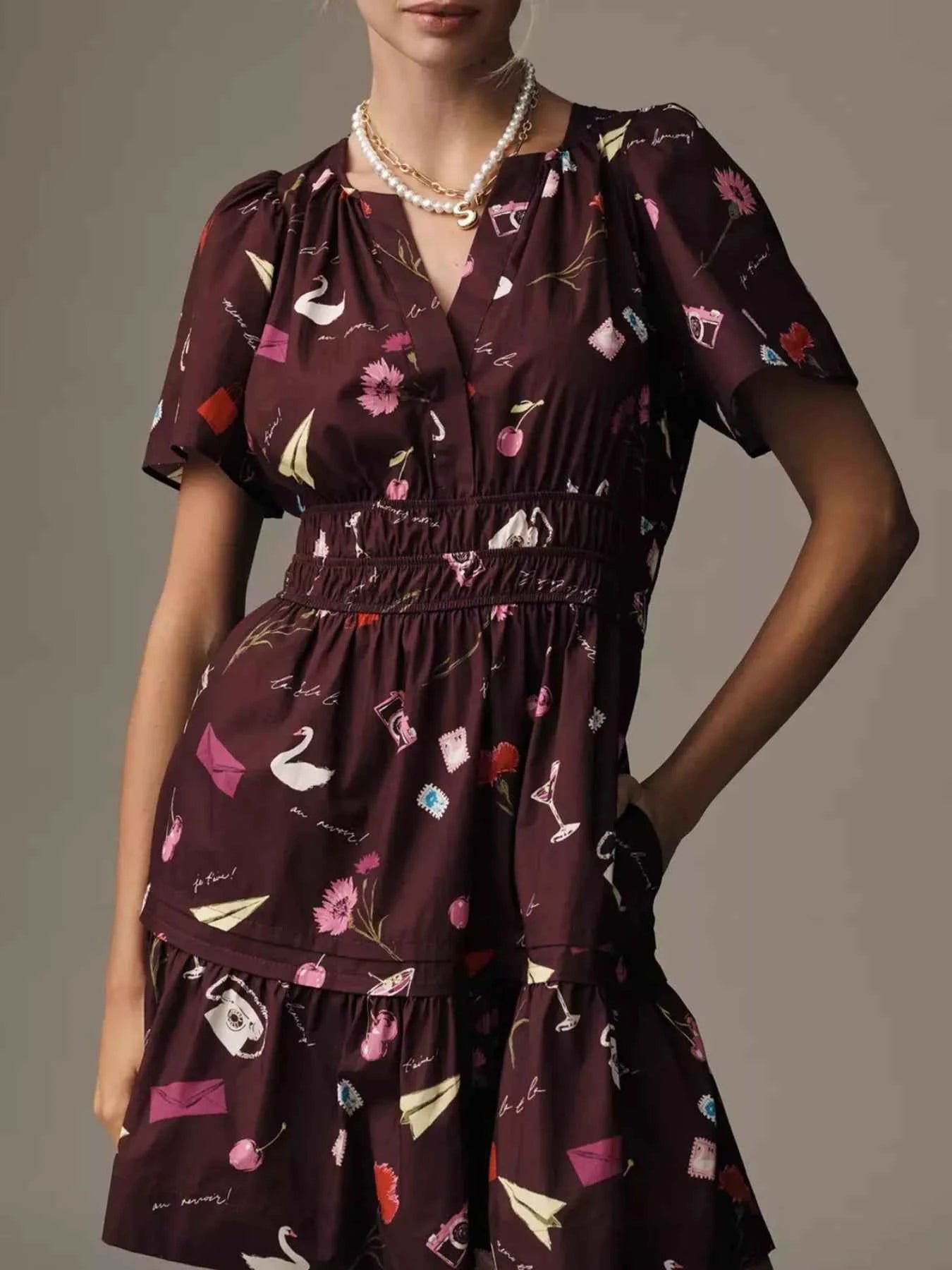 Printed Notched Short Sleeve Dress Burgundy d9ba0152-1995-4933-95d1-11822b91ca55-Max-Origin