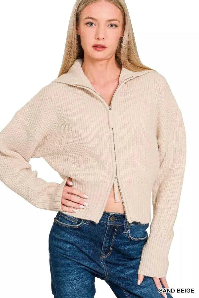 Zenana Ribbed Collared Zip Up Sweater Cardigan SAND BEIGE d9c3db287c9943a6845d0b685bbb8ee8-Max-Origin