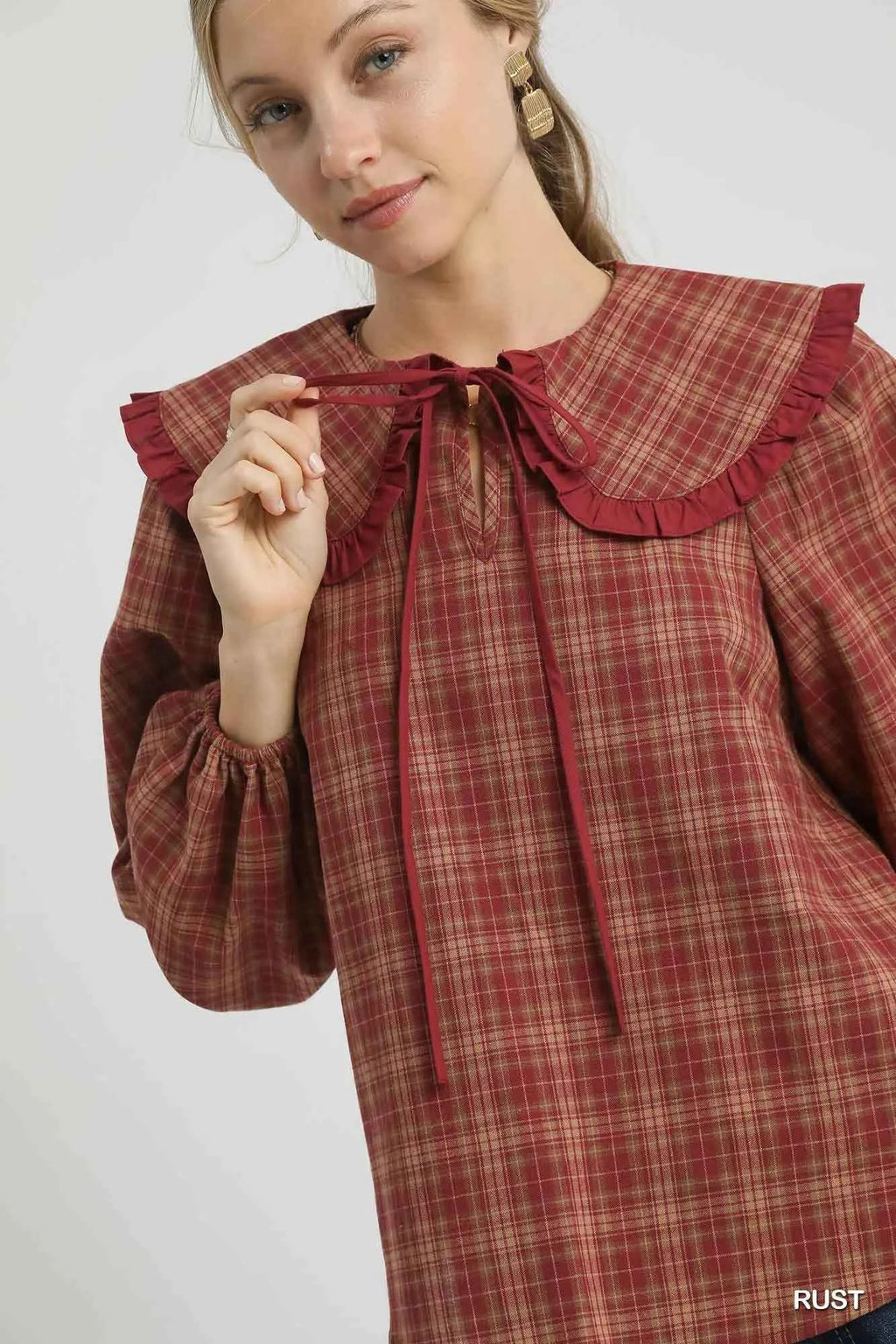 Umgee Full Size Plaid Ruffle Collar Blouse Plus Size d9c5c7da-28fd-4f5d-9717-074026b4ec64-Max-Origin