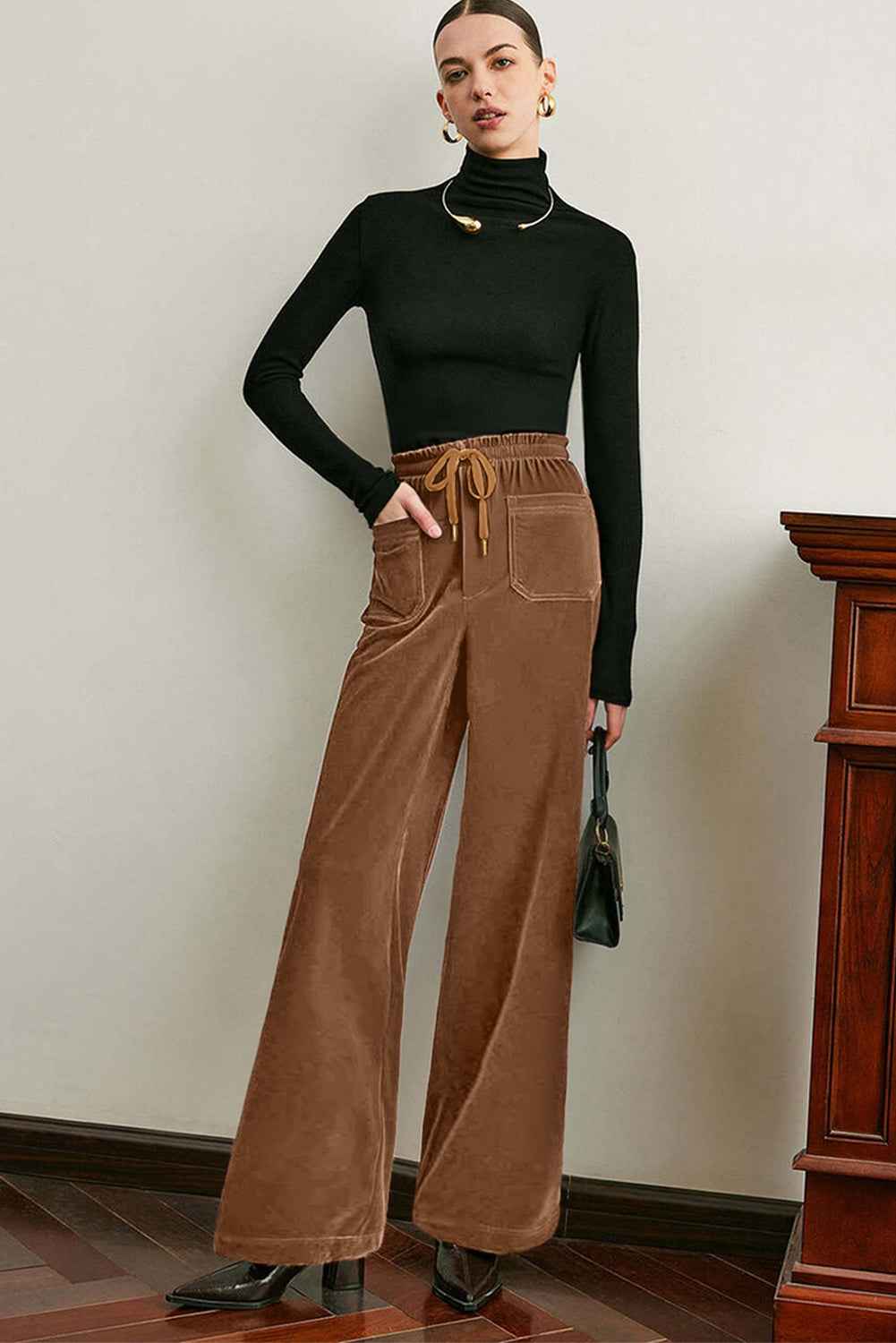 Coffee Straight Loose Drawstring Elastic High Waist Fleece Pants d9c62d12269494dc