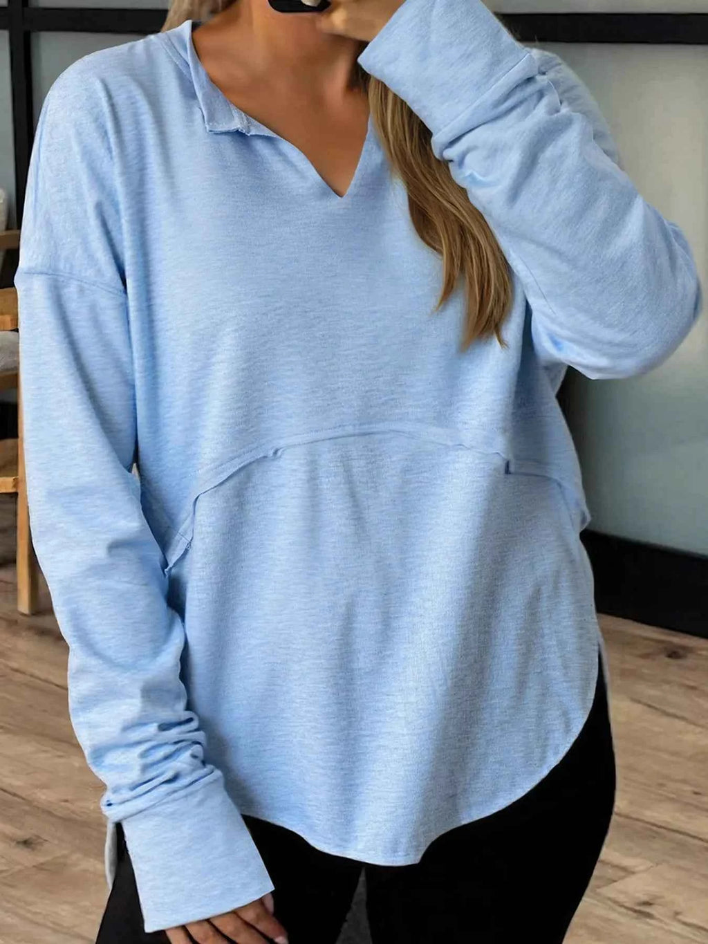 Notched Terry Long Sleeve Top Light Blue d9ca216736d94d7bb7f0e9bbb2c8add1-Max-Origin