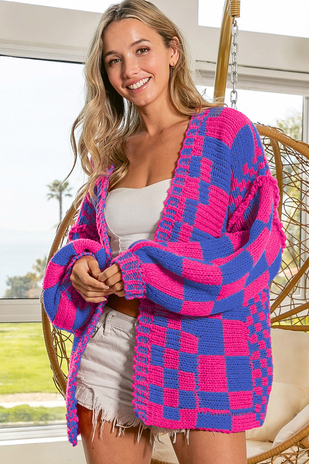 Dark Grey Colorblock Checked Loose Fit Open Front Knitted Cardigan d9cae625070ac660