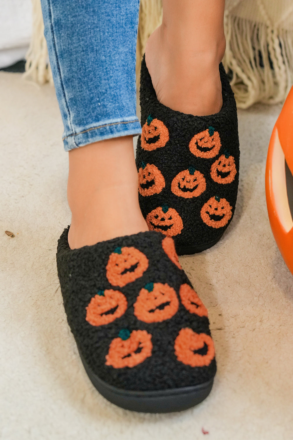 Black Halloween Pumpkin Plush Home Slippers d9cc2d14b5d506a3
