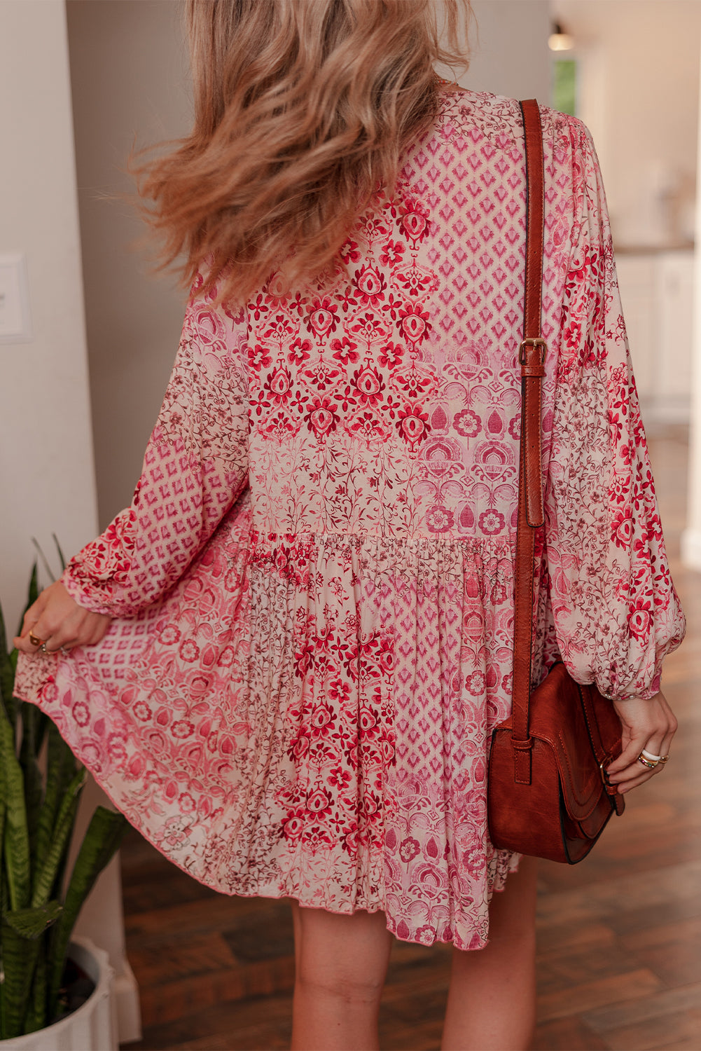 Pink Bohemian Floral Print Tassel Tie Long Sleeve Flowy Mini Dress d9d302de45cac965