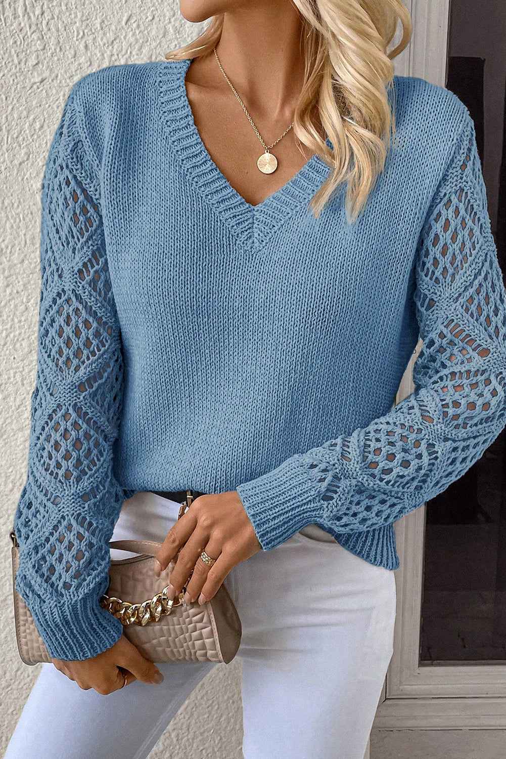 Beau Blue Solid V Neck Pointelle Knit Sleeve Patchwork Sweater d9d43e29f77c84cc