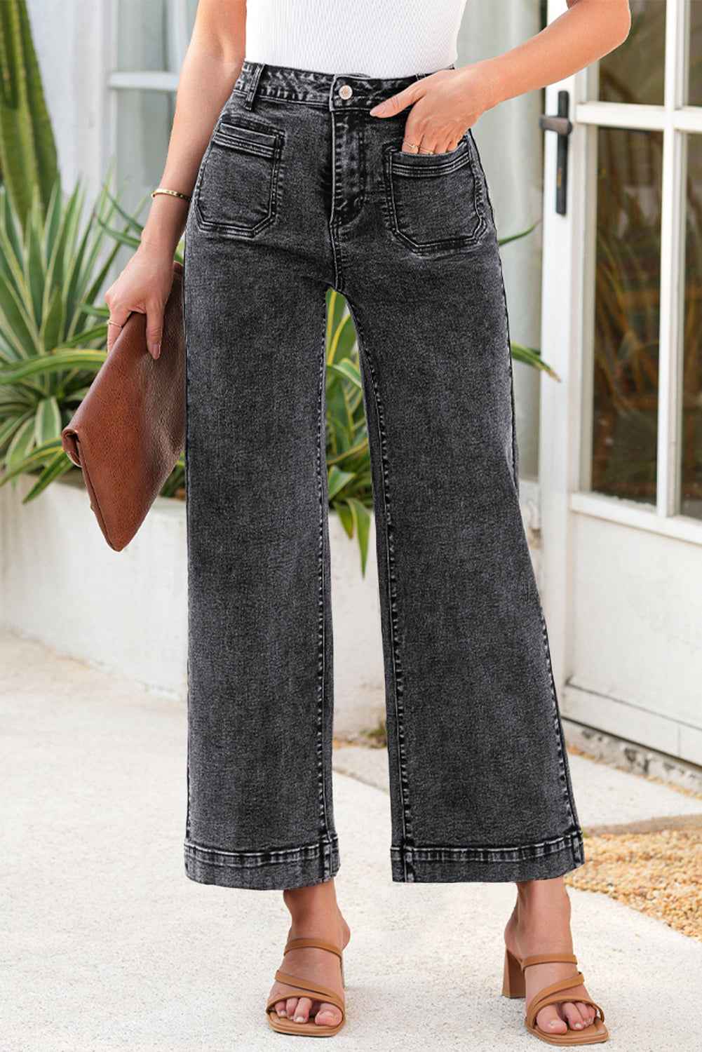 Sky Blue Chic Patch Pocket Straight Leg Loose Jeans Black 68%Cotton+30%Viscose+2%Elastane d9d8ece1d09a882f