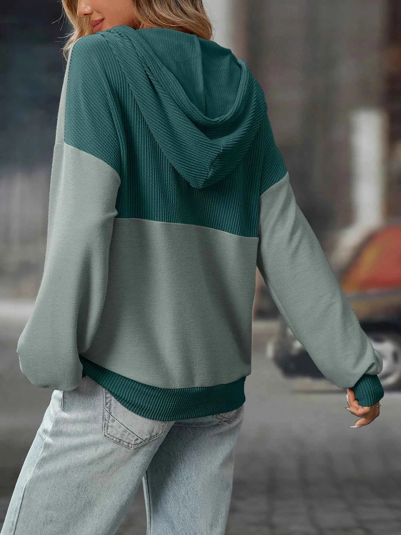 Drawstring Button Detail Long Sleeve Hoodie d9d9f63243db4b4e87b7dbfa9ab9c965-Max-Origin