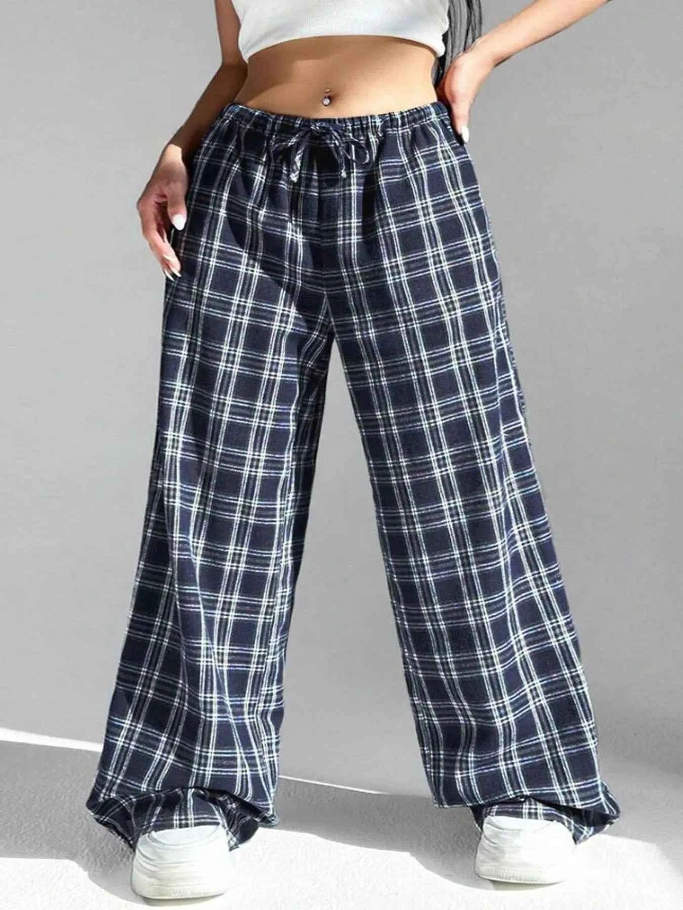 Plaid Wide Leg Drawstring Pants Blue d9db738f54a24e4dac39535cb47f8979-Max-Origin