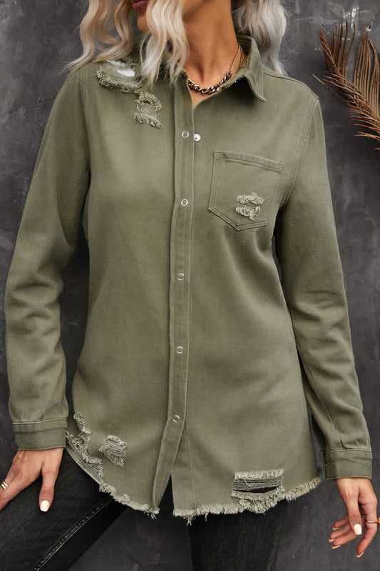 Khaki Raw Hem Distressed Denim Shirt Jacket d9dbb38f24c34f21
