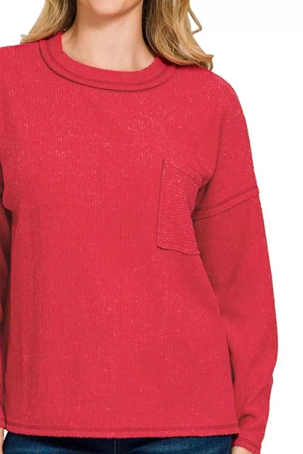 Zenana Ribbed Brushed Melange Hacci Sweater with Chest Pocket d9e15d06-631a-4dfc-96a0-878d523c669b-Max-Origin