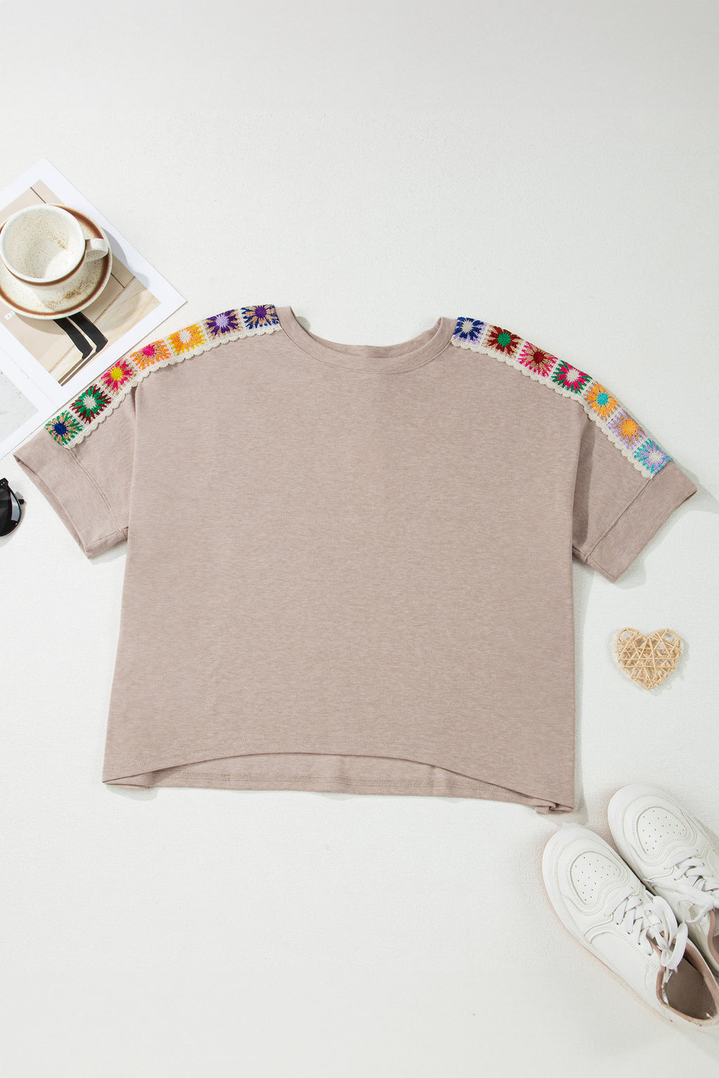 Parchment Granny Square Crochet Detail Loose T Shirt d9e3327868eb17b0