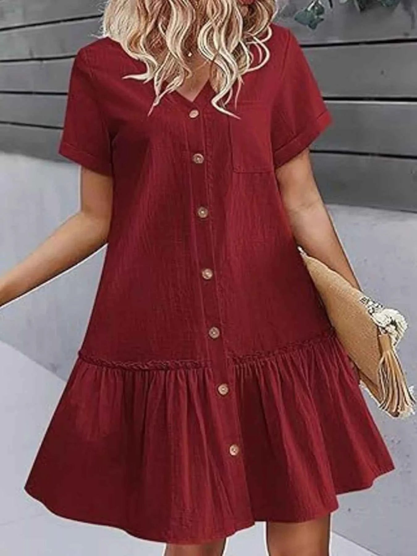 Full Size Button-Front Short Sleeve Tiered Dress Plus Size d9e53acb-ee16-44db-9478-fad6bba4f055-Max-Origin