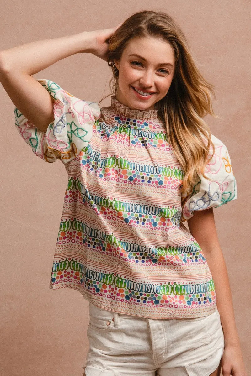 BiBi Ruffle Neckline Blouse With Embroidery Bubble Sleeve d9e948e30bdc490eaec00d2e2287cd1f-Max-Origin