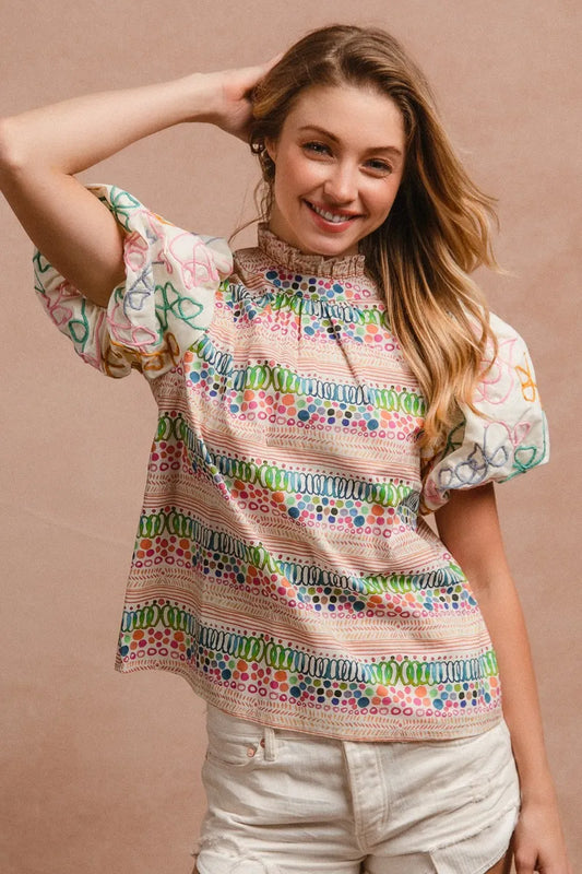 BiBi Ruffle Neckline Blouse With Embroidery Bubble Sleeve d9e948e30bdc490eaec00d2e2287cd1f-Max-Origin