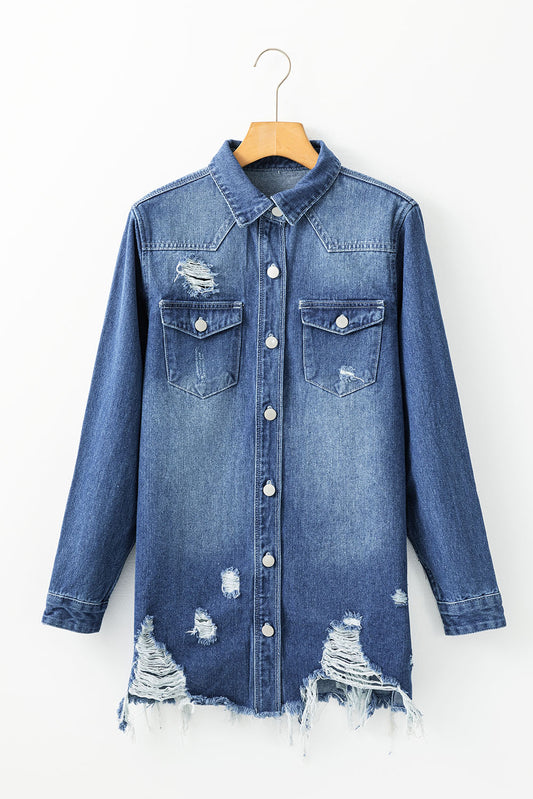 Sky Blue Light Wash Distressed Frayed Long Denim Jacket d9eacb94f7ce2e2b