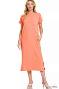 Zenana Round Neck Short Sleeve Midi Dress CORAL d9eb3b2733a348e9ae1fb07060f30e1f-Max-Origin
