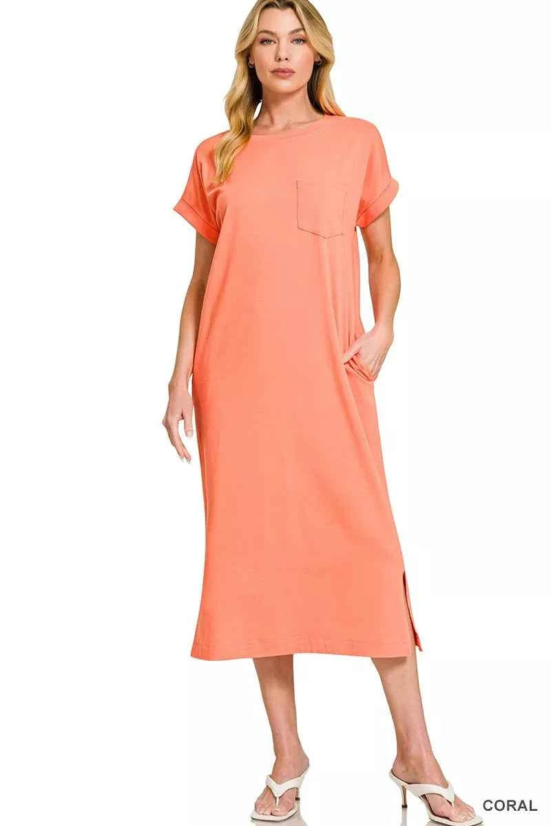 Zenana Round Neck Short Sleeve Midi Dress CORAL d9eb3b2733a348e9ae1fb07060f30e1f-Max-Origin