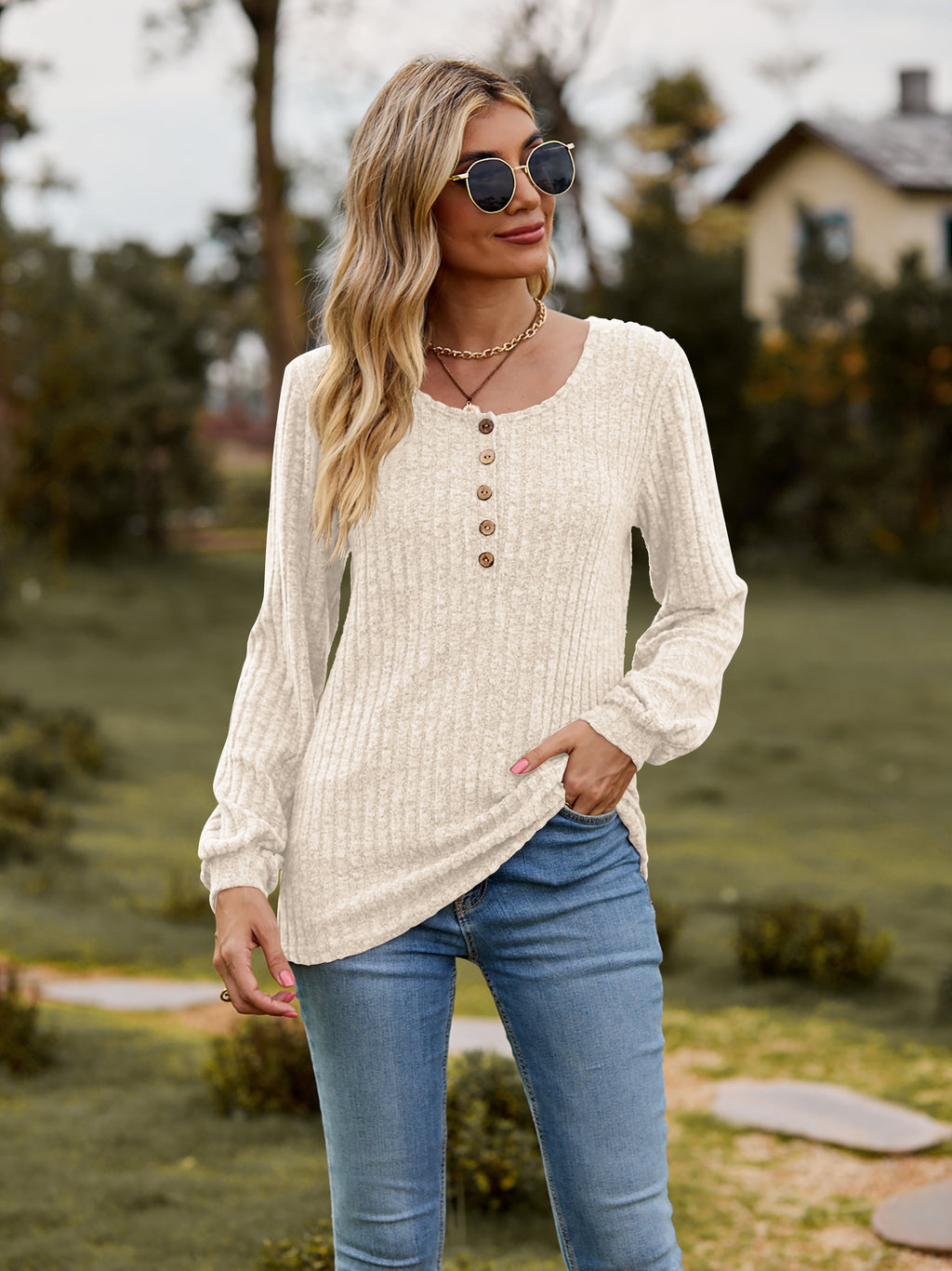 Round Neck Button-Down Long Sleeve Tee d9ec576516c54251956965fff6e5f239-Max