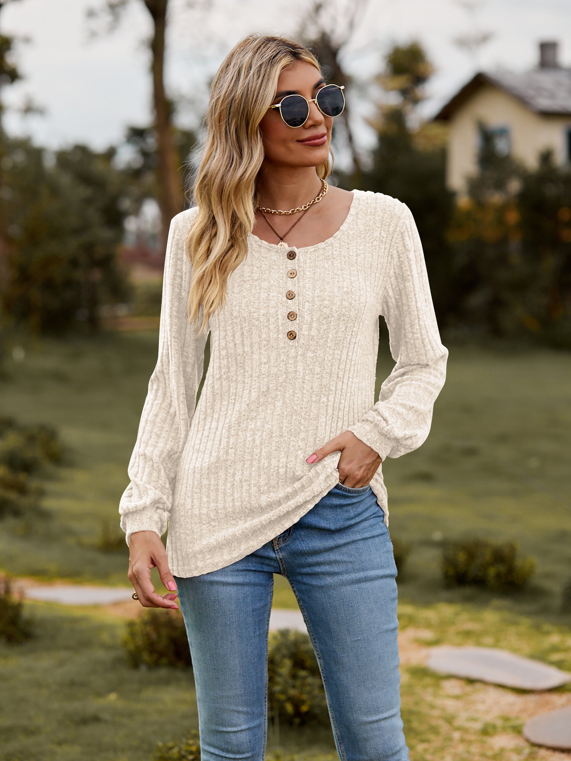 Round Neck Button-Down Long Sleeve Tee d9ec576516c54251956965fff6e5f239-Max