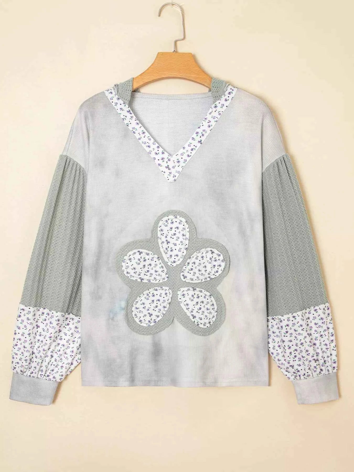 Floral Patched Waffle Textured V Neck Casual Hooded Top d9f26f9b8eb8463492a69931baed3883-Max-Origin