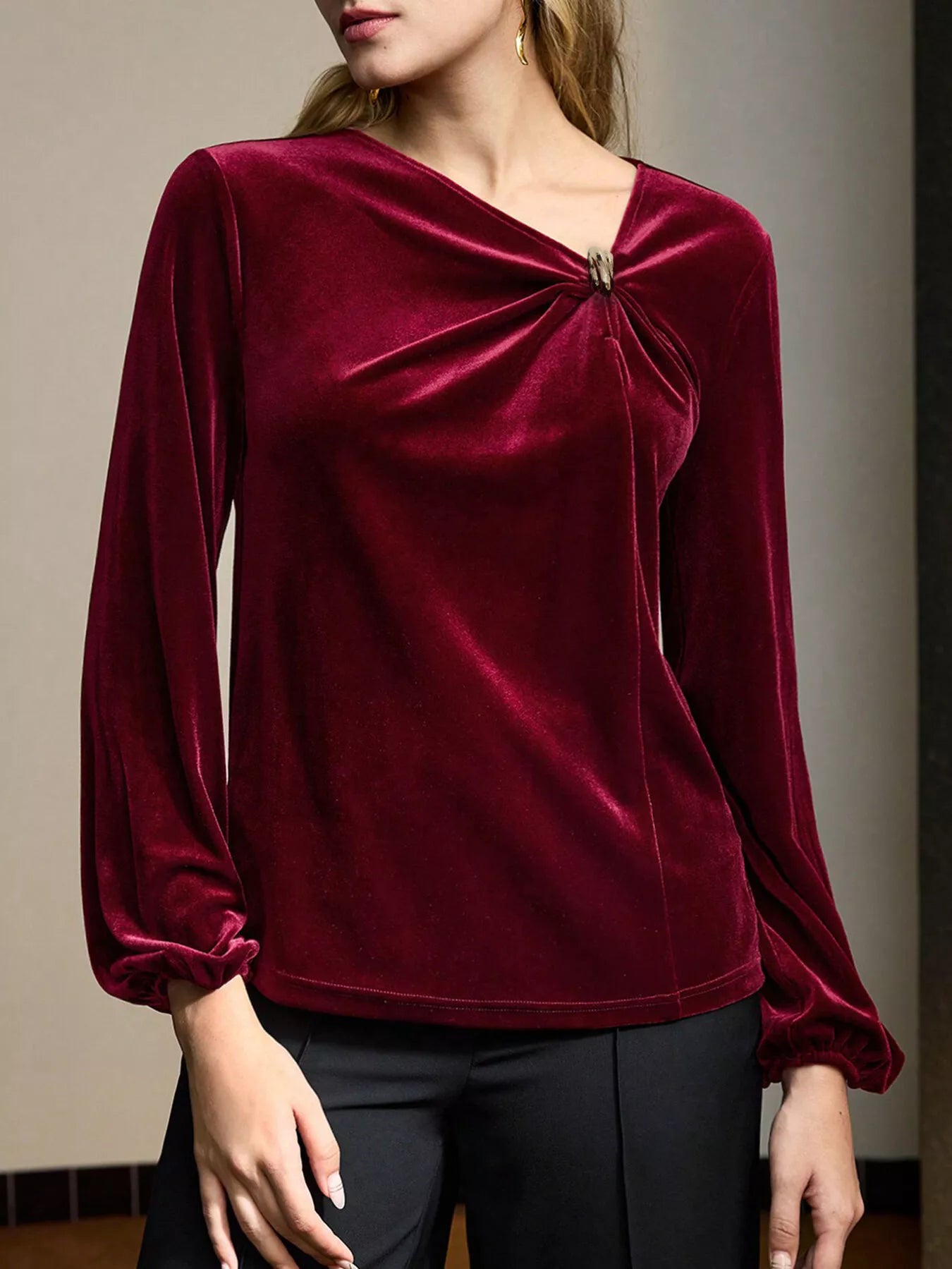 Velvet Twist-Front Long Sleeve Blouse Burgundy d9f7fd2b26d247f2a6ce80e4f0142ad6-Max-Origin