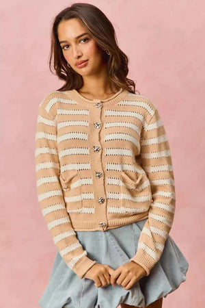 Stripe Long Sleeves Button Sweater Cardigan WHITE BEIGE d9f8eed9cea74064b0a46a54f92c5ffd-Max-Origin