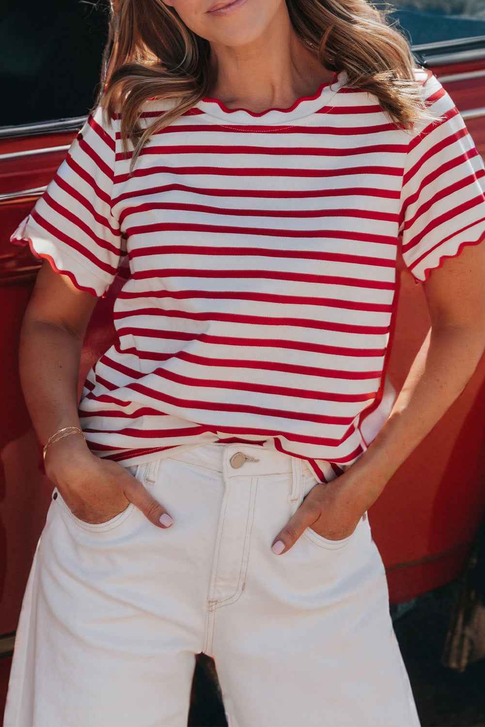 Red Stripe Scalloped Trim Round Neck T Shirt Red Stripe 95%Cotton+5%Elastane da0193e26c98734d