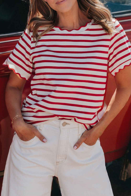 Red Stripe Scalloped Trim Round Neck T Shirt Red Stripe 95%Cotton+5%Elastane da0193e26c98734d
