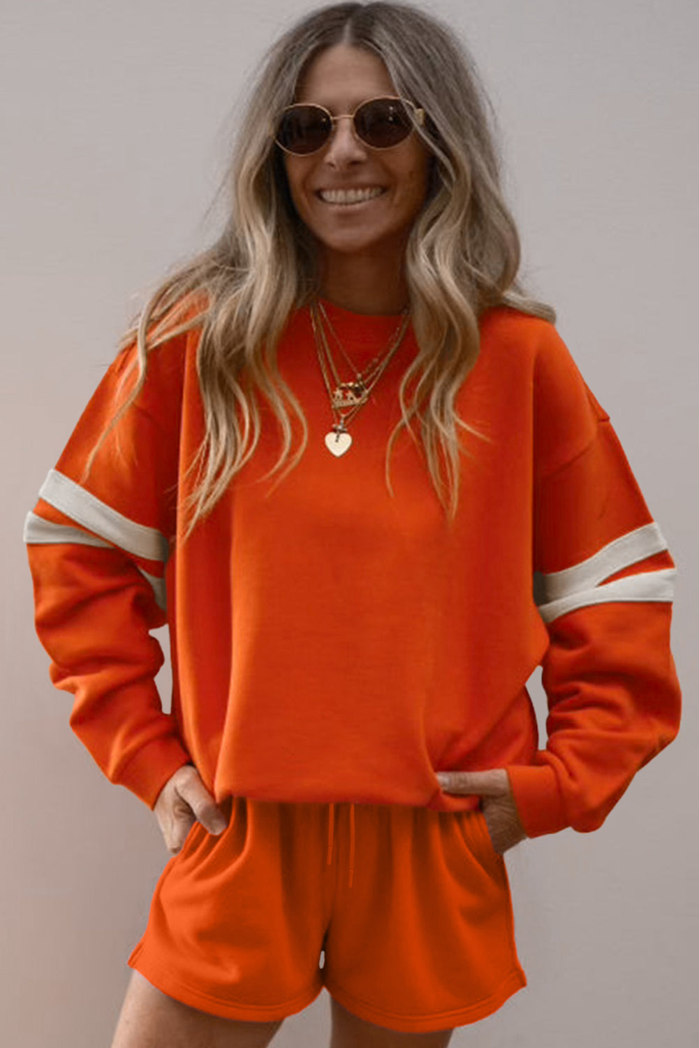 Orange Varsity Striped Sleeve Drop Shoulder Sweatshirt and Shorts Set da02ae602a965864