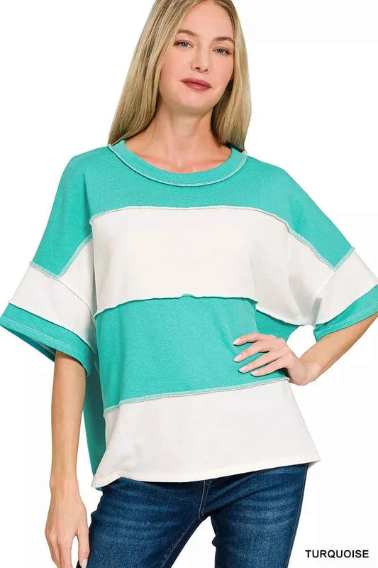 French Terry Color Block Exposed Seam Top TURQUOISE da04c77c6a124849b793b1aa36b6ce1b-Max-Origin
