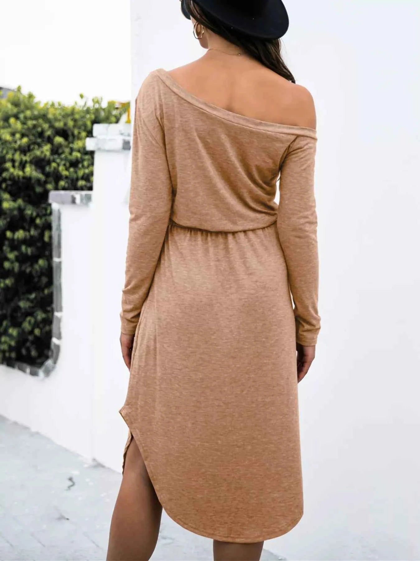 One-Shoulder Long Sleeve Midi Dress with Drawstring Waist da072974-91e8-4396-8b21-c2e3989c93ee-Max-Origin