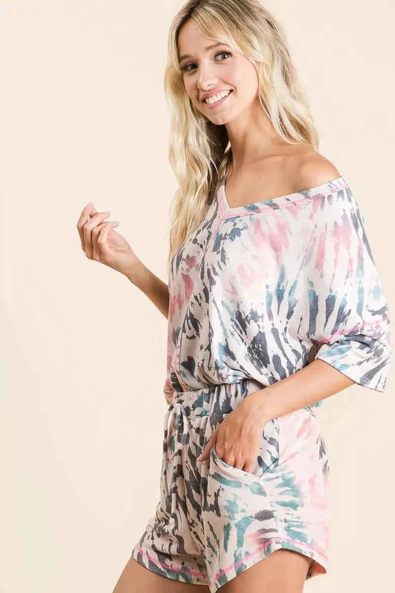 BiBi Tie Dye Print Terry V Neck Top With Contrast da09fc1a4b424d7e82d1a2cd347a6c27-Max-Origin