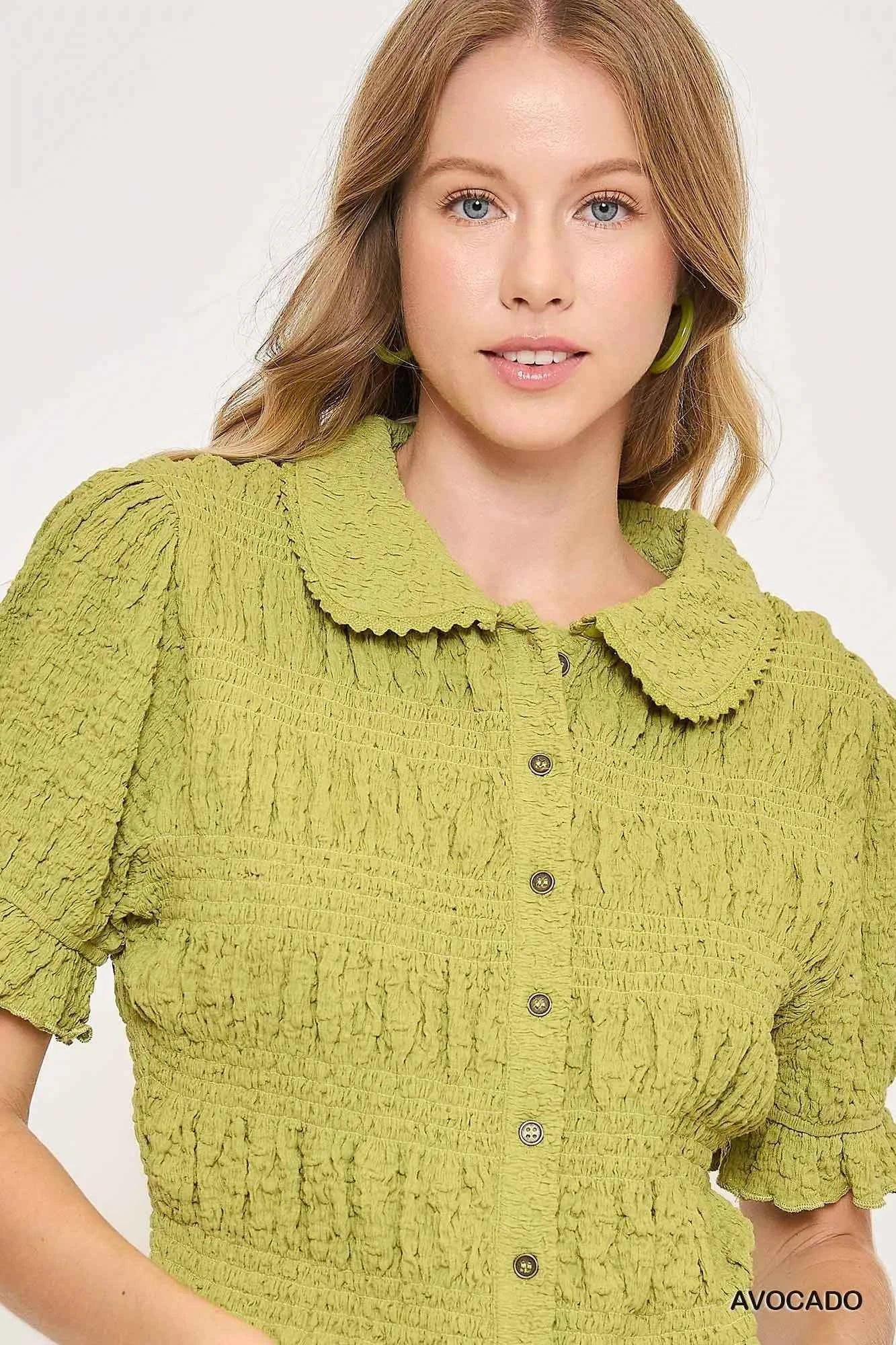 Umgee Smocked Short Sleeve Button-Front Shirt with Peter Pan Collar da127636-7d17-4312-af7b-619d5fbcdae5-Max-Origin
