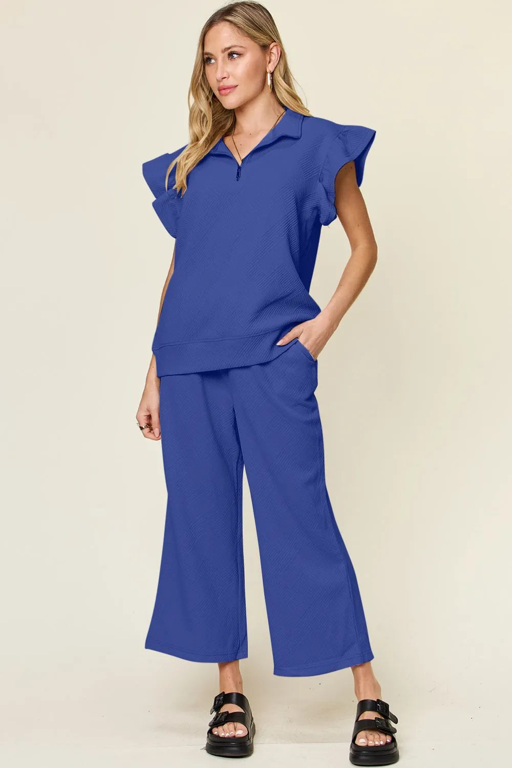 Double Take Texture Ruffle Short Sleeve Top and Drawstring Wide Leg Pants Set da14f90d-b2cc-46bc-a87c-a2f15e27af3b-Max