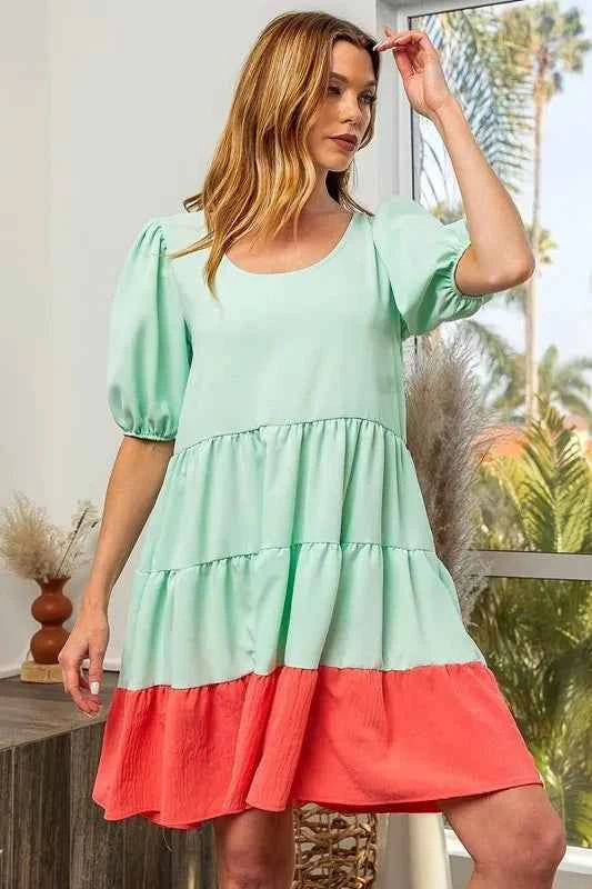 BiBi Two-Tone Balloon Sleeves U Neck Tiered Ruffle Hem Mini Dress MINT CORAL da179b0699ea4cb5900245e1957615f2-Max-Origin