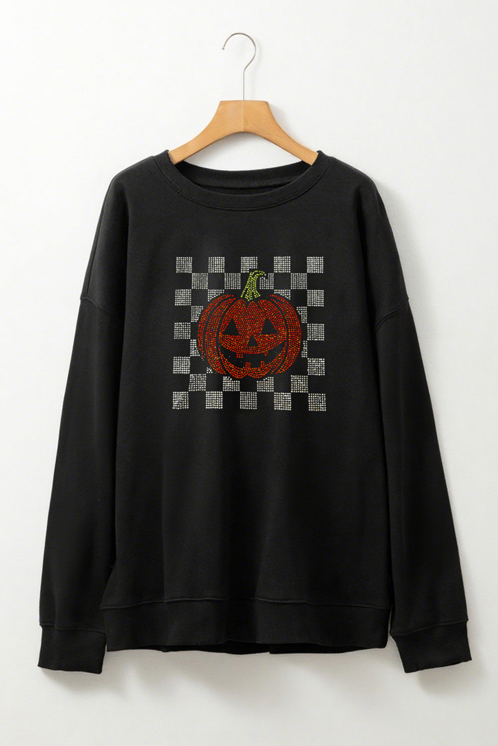 Black Jack-o-lantern Checkered Rhinestone Transfer Graphic Halloween Sweatshirt da1b29286c54b428