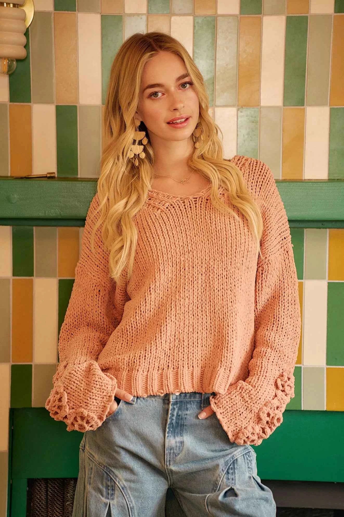BiBi Chunky Knit Sweater with Flower Detail Sleeves da1b529150b64441b09f57a9a821195f-Max-Origin