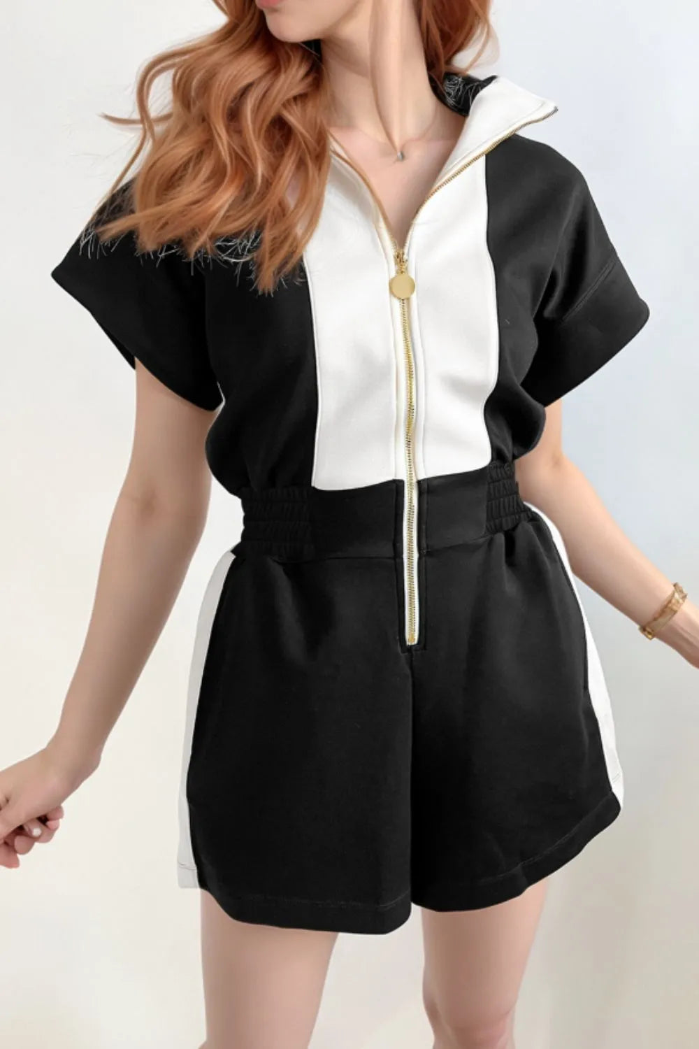 Half Zip Short Sleeve Romper Black da1c0f94-eead-48f3-9454-fd71074cd901-Max-Origin
