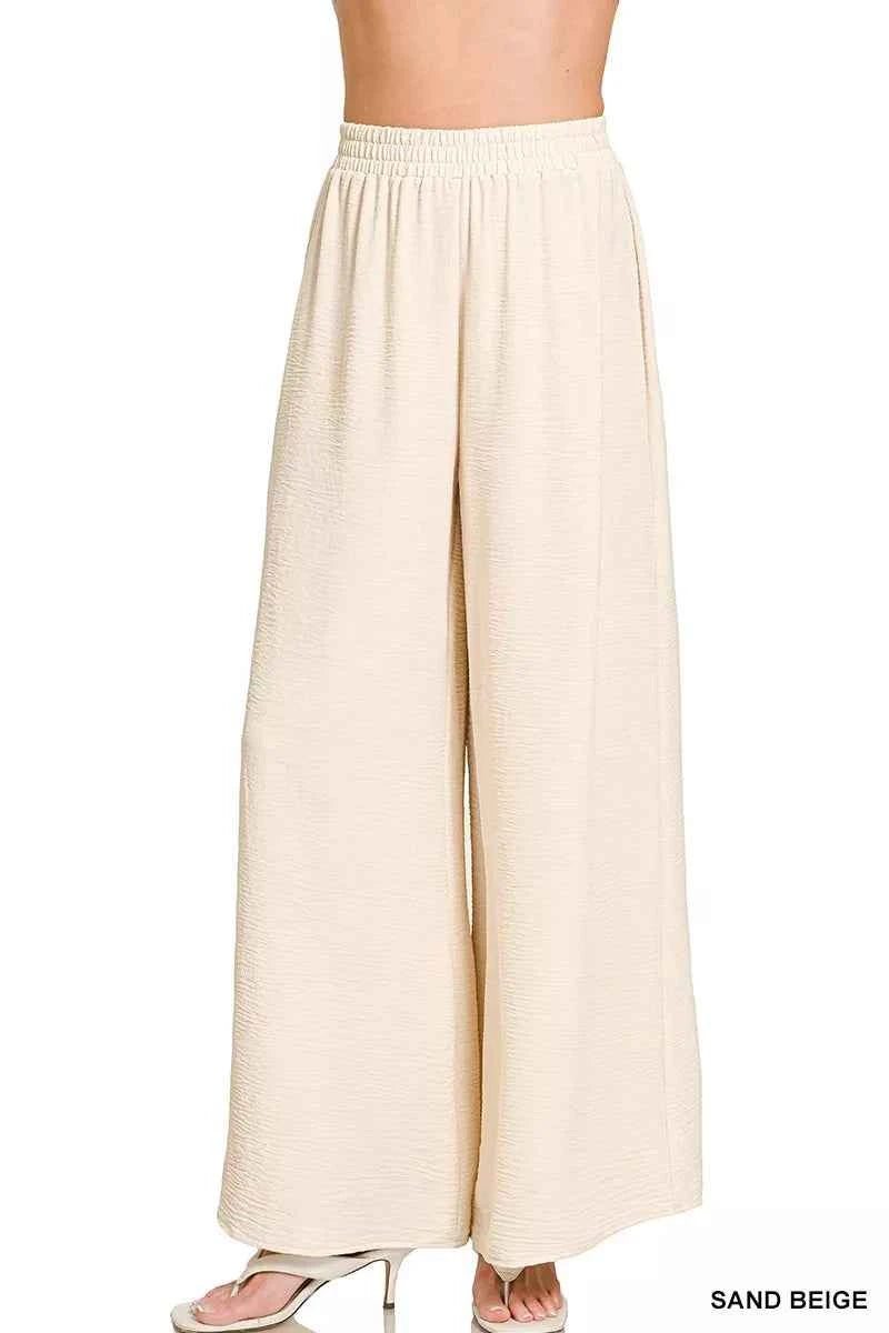 Zenana Woven Airflow Elastic Waistband Pants SAND BEIGE da1e9df3802140c4bcc4e4be9b581850-Max-Origin