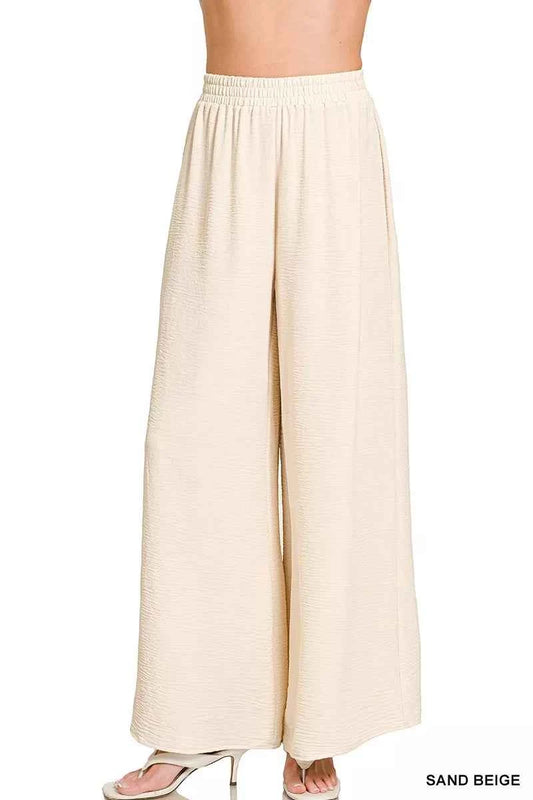 Zenana Woven Airflow Elastic Waistband Pants SAND BEIGE da1e9df3802140c4bcc4e4be9b581850-Max-Origin