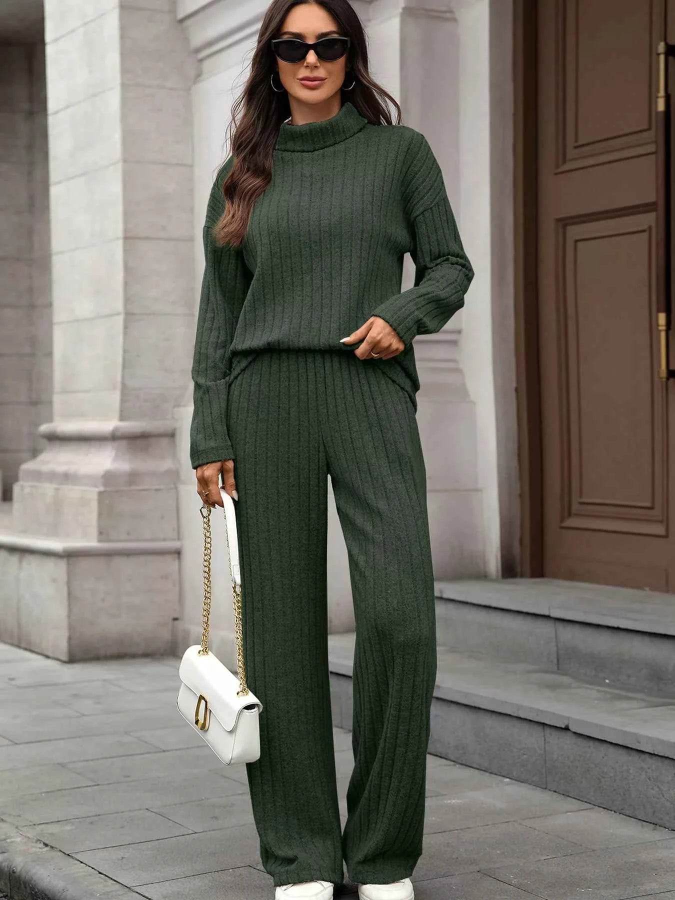 Ribbed Turtleneck Dropped Shoulder Top and Pants Sweater Set Army Green da21811cec2a48e2a03b1e7082ba3980-Max-Origin