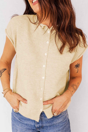Apricot Buttoned Front Rolled Hem Cap Sleeve Sweater Top Apricot 41%Polyamide+29%Acrylic+24%Polyester+6%Wool da247342d73dc5b9