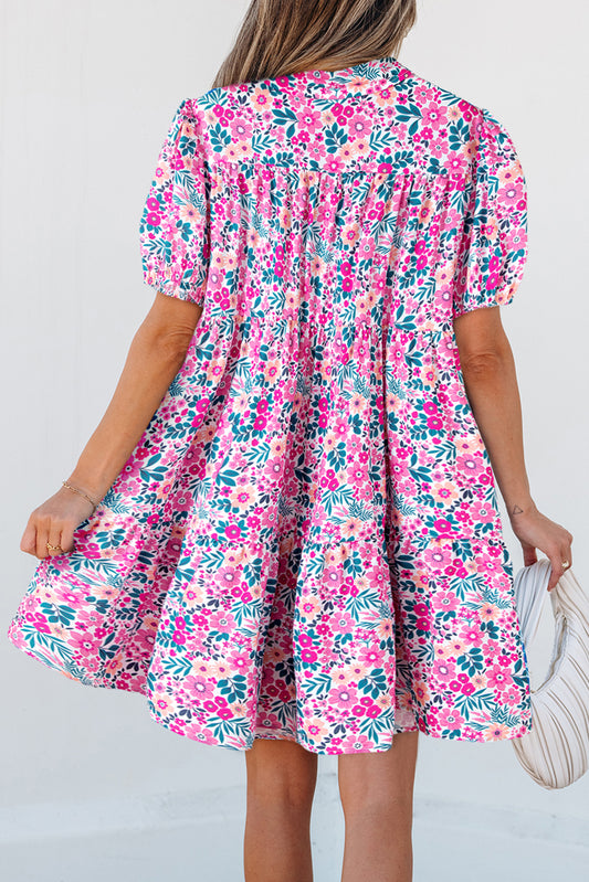 Pink Allover Floral Print Collar Half Button Short Sleeve Loose Dress da2566043172ce67