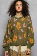 POL Floral Pattern Round Neck Balloon Sleeve Sweater OLIVE da270446-470a-4eb5-9f76-4b622c3a756d-Max-Origin