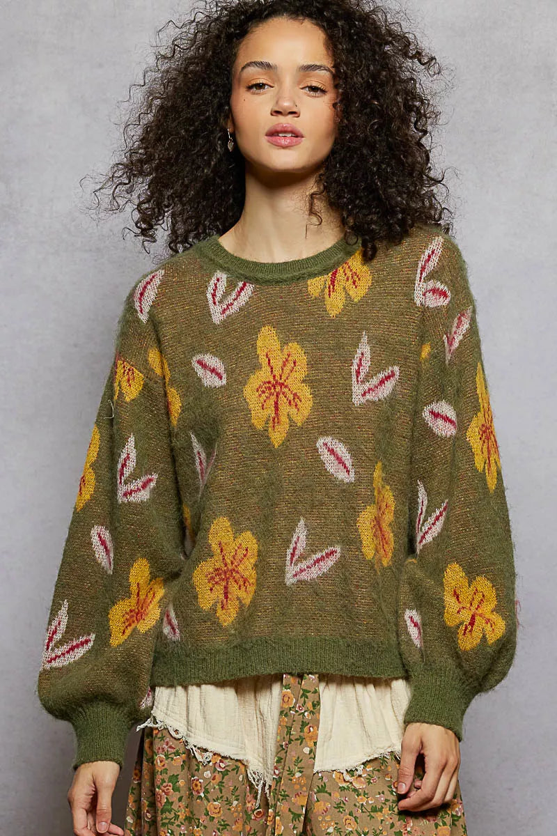 POL Floral Pattern Round Neck Balloon Sleeve Sweater OLIVE da270446-470a-4eb5-9f76-4b622c3a756d-Max-Origin