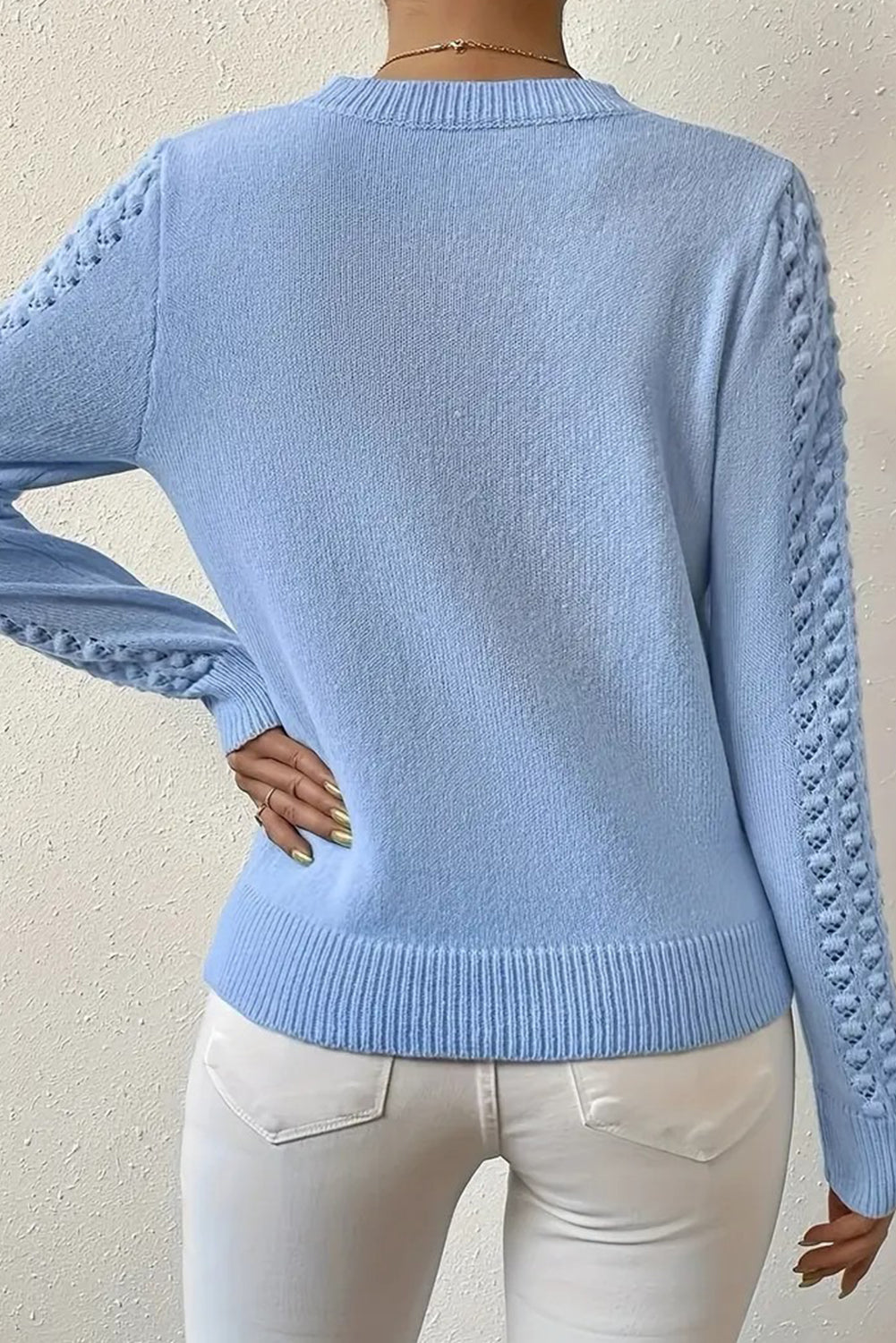 Sky Blue Hollow Out Round Neck Long Sleeve Sweater da28a158baa94fc9