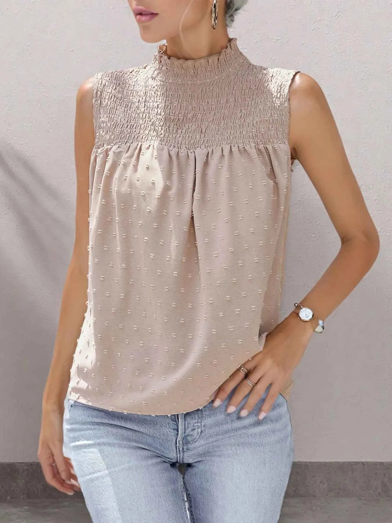 Smocked Swiss Dot Sleeveless Blouse Apricot da2a85dc9eed4b2d9c6e01c365b4749c-Max-Origin