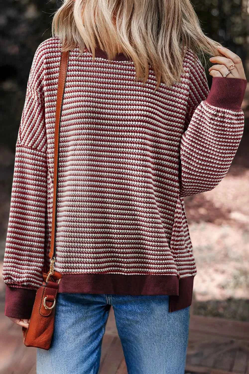 Oversized Striped Round Neck Sweatshirt Burgundy da2b4e3b-82f7-491d-8dff-255e3de7699d-Max-Origin