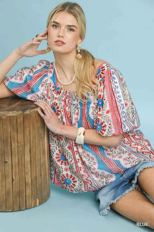 Umgee Patchwork Puff Sleeve Smocked Blouse