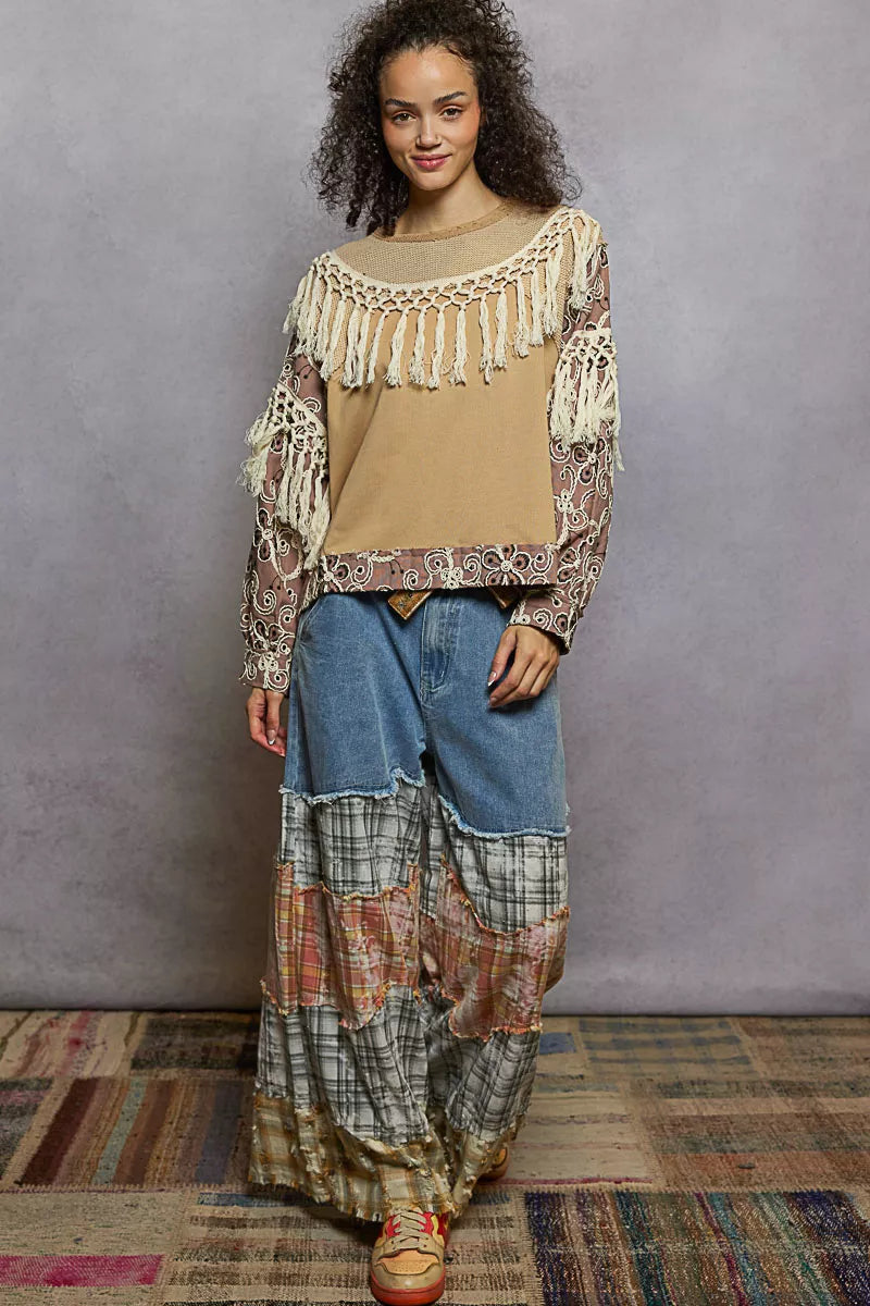 POL Contrast Floral Embroidery Balloon Sleeve Top with Tassel Trim da3a5b2d-dffb-4e57-b331-e6733321cb90-Max-Origin